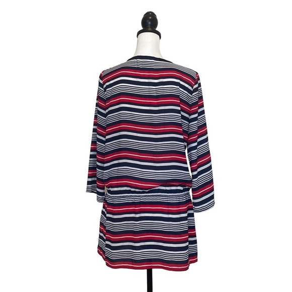 Michael Kors Red White and Blue Tunic Top 3/4 Sleeves Sheer Waist Tie - Picture 6 of 8